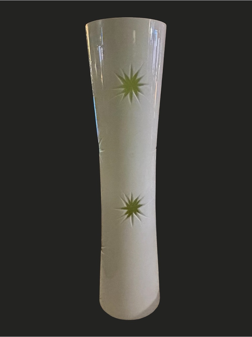 MCM 15.5” Vintage White & Apple Green Starburst Art Glass Floor Vase